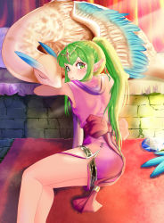 Rule 34 | absurdres, dragon, fae (fire emblem), feathered wings, fire emblem, fire emblem: mystery of the emblem, fire emblem: shadow dragon, fire emblem: the binding blade, fluffy, green eyes, green hair, highres, icecream (kwsu2482), legs together, looking back, matching hair/eyes, nintendo, open mouth, pointy ears, princess, thighs, tiara, tiki (fire emblem), tiki (young) (fire emblem), wings
