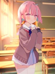 Rule 34 | 1girl, absurdres, ahoge, azumo, blue hair, blue skirt, blunt bangs, blurry, blurry background, blush, book, brown cardigan, cardigan, chalkboard, classroom, cowboy shot, desk, highres, holding, holding book, hololive, indoors, long hair, long sleeves, looking at viewer, minato aqua, multicolored hair, open cardigan, open clothes, pink eyes, pink hair, pleated skirt, pout, school desk, school uniform, serafuku, short twintails, skirt, sleeves past wrists, solo, streaked hair, thighhighs, thighs, twintails, twitter username, virtual youtuber, wavy mouth, white thighhighs, window, zettai ryouiki