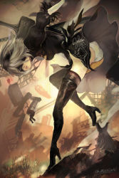 Rule 34 | 1girl, android, ass, blindfold, boots, breasts, cleavage, cleavage cutout, clothing cutout, elbow gloves, fur trim, gloves, hairband, high heel boots, high heels, highres, legs, lips, looking at viewer, medium breasts, mole, mole under mouth, nier (series), nier:automata, short hair, silver hair, solo, sword, thighhighs, weapon, 2b (nier:automata)