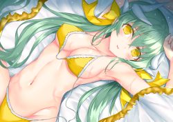 Rule 34 | 1girl, bare shoulders, bikini, blush, breasts, cleavage, collarbone, fate/grand order, fate (series), frilled bikini, frills, green hair, hair between eyes, horns, japanese clothes, kimono, kiyohime (fate), kiyohime (fate/grand order), kiyohime (swimsuit lancer) (fate), kiyohime (swimsuit lancer) (first ascension) (fate), large breasts, long hair, looking at viewer, lying, morizono shiki, on back, on bed, open clothes, open kimono, smile, solo, swimsuit, yellow background, yellow bikini, yellow eyes