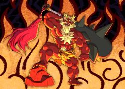 Rule 34 | 1boy, abs, absurdres, angry, animal print, bara, beard, blonde hair, club, club (weapon), colored skin, facial hair, fiery background, fire, frown, full beard, highres, horns, huge pectorals, huge weapon, kanabou, kemonamon, loincloth, long beard, looking at viewer, male focus, mature male, monster boy, muscular, muscular male, navel, navel hair, nipples, oni, original, over shoulder, pointy ears, red oni, red skin, solo, spiked club, stomach, thick beard, thick eyebrows, thick navel hair, thick thighs, thighs, tied beard, tiger print, very long beard, weapon, weapon over shoulder, yellow eyes, yellow horns