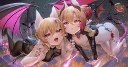 Rule 34 | 2girls, animal ears, ass, bat (animal), bat wings, black hair, black jacket, blonde hair, breasts, cropped jacket, cross-body stretch, fangs, fh moya, fingernails, flat chest, gradient hair, halloween, highres, horns, jack-o&#039;-lantern, jacket, latex jacket, magic, multicolored hair, multiple girls, nipples, open mouth, original, petite, red hair, revealing clothes, short twintails, small breasts, tail, twintails, wings, yellow eyes