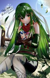 Rule 34 | 1girl, absurdres, bare shoulders, belt, blue sky, blush, catria (fire emblem), chil0107, cloud, doll, elbow gloves, est (fire emblem), fire emblem, fire emblem: mystery of the emblem, fire emblem: shadow dragon and the blade of light, gloves, green eyes, green hair, hair between eyes, headband, highres, holding, long hair, nintendo, palla (fire emblem), red scarf, scarf, sitting, sky, sleeveless, solo, very long hair, white headband