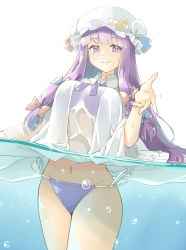 Rule 34 | 1girl, arnest, bikini, blue bow, blunt bangs, bow, bun cover, collared dress, double bun, dress, hair bow, hair bun, hat, hat bow, highres, long hair, long sleeves, mob cap, navel, neck ribbon, patchouli knowledge, purple bikini, purple eyes, purple hair, purple ribbon, red bow, ribbon, see-through, simple background, solo, swimsuit, thighs, touhou, very long hair, water, wet, wet clothes, white background, white dress, white hat