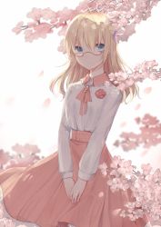 Rule 34 | 1girl, 3874384829, alternate costume, blonde hair, blue eyes, cherry blossoms, closed mouth, floral background, glasses, hair ornament, holding hands, hood (warship girls r), jewelry, long hair, looking at viewer, nail polish, neck ribbon, own hands together, petals, pink ribbon, pink skirt, ribbon, ring, shirt, simple background, skirt, solo, warship girls r, white shirt