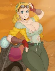 Rule 34 | 1girl, 2019, ass, battle tendency, blonde hair, blue eyes, breasts, detnox, gloves, goggles, goggles on head, green pants, happy, headband, highres, huge breasts, jojo no kimyou na bouken, large breasts, looking at viewer, motor vehicle, motorcycle, pants, shirt, smile, solo, suzi q, tight clothes, tight shirt, wide hips