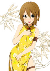Rule 34 | 1girl, \||/, alternate costume, alternate hairstyle, armlet, bare shoulders, blush, brown eyes, brown hair, china dress, chinese clothes, dress, hair down, k-on!, looking at viewer, official style, open mouth, ragho no erika, round teeth, short hair, smile, solo, tainaka ritsu, teeth, thigh strap