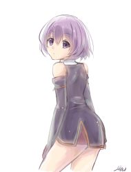 Rule 34 | 1girl, bad id, bad pixiv id, bare shoulders, black dress, closed mouth, commentary request, cowboy shot, detached sleeves, dress, hai to gensou no grimgar, hair between eyes, highres, long sleeves, looking at viewer, looking back, nogi lief, purple eyes, purple hair, shihoru (grimgar), short dress, short hair, signature, simple background, sleeveless, sleeveless dress, solo, white background