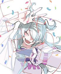 Rule 34 | 1girl, aqua hair, blush, closed eyes, commentary request, confetti, elira pendora, elira pendora (1st costume), english text, gloves, hair over one eye, happy, head wings, highres, kyouno, long hair, nijisanji, nijisanji en, open mouth, simple background, single glove, smile, solo, sweater, upper body, virtual youtuber, w, white background, white gloves, white sweater, wings