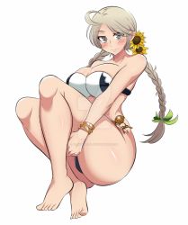 Rule 34 | 1girl, azmi yudista, bikini, breasts, closed mouth, feet, fire emblem, fire emblem fates, fire emblem heroes, flower, grey eyes, grey hair, hair flower, hair ornament, highres, key, large breasts, looking at viewer, nina (fire emblem), nintendo, smile, solo, swimsuit, white background