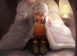Rule 34 | 1girl, bed, bedroom, black thighhighs, bow, braid, dark, flat chest, from above, garter belt, garter straps, grey eyes, hair bow, head tilt, highres, indoors, izayoi sakuya, lamp, looking at viewer, maid headdress, nipples, no bra, on bed, pillow, pussy, seiza, short hair, sinzan, sitting, solo, thighhighs, touhou, twin braids, under covers, white hair
