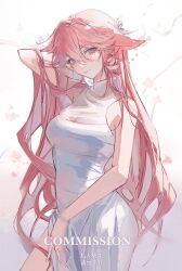 Rule 34 | 1girl, animal ears, arm up, bare arms, bare shoulders, commentary request, commission, cowboy shot, dress, fox ears, genshin impact, highres, long hair, looking at viewer, pink hair, purple eyes, sleeveless, sleeveless dress, solo, standing, very long hair, white dress, yae miko, yutou (yutou75)