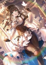 Rule 34 | 1girl, :o, absurdres, arm belt, ascot, breasts, brown gloves, brown hair, brown pantyhose, bug, butterfly, cardia beckford, clockwork, code:realize, corset, gear hair ornament, gears, gloves, green eyes, hand up, highres, insect, large breasts, lens flare, long hair, long sleeves, pantyhose, pei jing, shirt, solo, standing, standing on one leg, thigh strap, white ascot, white butterfly, white shirt