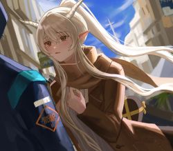 Rule 34 | 1girl, 1other, absurdres, alternate costume, alternate hairstyle, arknights, black coat, blonde hair, blue sky, blush, box, brown coat, brown eyes, brown scarf, building, chocolate, coat, commentary request, day, doctor (arknights), gift, hand on own chest, hasegawamorito, heart-shaped box, highres, holding, holding gift, horns, long hair, long sleeves, looking at another, open clothes, open coat, open mouth, outdoors, pointy ears, ponytail, scarf, shining (arknights), sidelocks, sky, solo focus, sweater, town, upper body, valentine, very long hair, white sweater