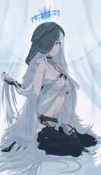 Rule 34 | 1girl, absurdly long hair, absurdres, blue eyes, crown, floating, floating object, hair over one eye, highres, jin rou, lingerie, long hair, looking to the side, one eye covered, original, sitting, solo, textless version, thighhighs, underwear, veil, very long hair, wariza, white hair