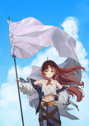 Rule 34 | 1girl, absurdres, ahoge, arknights, bare shoulders, blue sky, closed mouth, cloud, collarbone, cowboy shot, crop top, detached collar, flag, hand on own hip, hand up, highres, holding, holding flag, jacket, long hair, long sleeves, looking at viewer, messy hair, myrtle (arknights), navel, off shoulder, open clothes, open jacket, pants, pointy ears, shirt, sidelocks, sky, smile, solo, standing, uh9, white shirt, wide sleeves