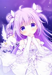 Rule 34 | 1girl, ahoge, azur lane, bare shoulders, blush, bow, closed mouth, commentary request, detached sleeves, double bun, dress, elbow gloves, fingerless gloves, flower, gloves, hair bun, hair flower, hair ornament, hair ribbon, hands up, long hair, looking at viewer, nail polish, own hands clasped, own hands together, purple eyes, purple hair, purple nails, ribbon, short sleeves, sleeveless, sleeveless dress, solo, stuffed animal, stuffed toy, stuffed winged unicorn, tengxiang lingnai, two side up, unicorn (angelic night) (azur lane), unicorn (azur lane), very long hair, white bow, white dress, white footwear, white gloves, white ribbon, wide sleeves