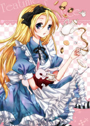 Rule 34 | 1girl, alice (alice in wonderland), alice in wonderland, blonde hair, blue eyes, checkerboard cookie, cookie, cup, food, frills, hairband, highres, holding, koyoi (ruka), long hair, looking at viewer, open mouth, rabbit, sitting, solo, teacup, teapot, thumbprint cookie