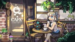 Rule 34 | 1girl, animated, animated gif, black gloves, black necktie, black skirt, blonde hair, blue eyes, chair, character request, coffee cup, collared shirt, cup, disposable cup, door, gloves, hanging plant, indie virtual youtuber, necktie, outdoors, oyuzaki (ayuzaki), pixel art, plant, plate, potted plant, shirt, short hair, sitting, skirt, solo, table, virtual youtuber, white shirt