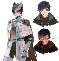 Rule 34 | 1boy, armor, black hair, blood, blood on face, bloodborne, brown cape, cape, commentary request, frown, gameplay mechanics, gauntlets, hat over eyes, hunter (bloodborne), nomeringo, original, smile, yellow eyes