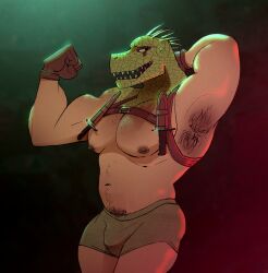 Rule 34 | 1boy, animal head, armpit peek, armpits, bara, boxers, brown male underwear, bulge, caiman (dorohedoro), chest belt, cowboy shot, cseed, dorohedoro, flexing, framed pectorals, from side, green scales, highres, large pectorals, male focus, male underwear, muscular, muscular male, navel, navel hair, nipples, pectorals, pubic hair, pubic hair peek, reptile boy, sideways glance, smirk, solo, sparse chest hair, sparse navel hair, stomach, thick thighs, thighs, topless male, underwear