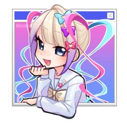 Rule 34 | 1girl, :d, blonde hair, blue bow, blue eyes, blue hair, blue shirt, blunt bangs, bow, chouzetsusaikawa tenshi-chan, collared shirt, commentary, cropped torso, english commentary, gradient hair, hair bow, hand on own chin, hand up, heart, long hair, long sleeves, looking at viewer, memento1315, multicolored hair, multiple hair bows, needy girl overdose, open mouth, pink bow, pink hair, purple bow, purple hair, quad tails, sailor collar, shirt, smile, solo, upper body, window (computing), yellow bow
