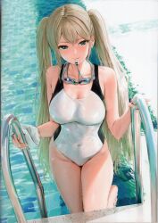 Rule 34 | 1girl, absurdres, akita hika, bare shoulders, blonde hair, breasts, collarbone, covered navel, goggles, goggles around neck, green eyes, highleg, highleg swimsuit, highres, holding, long hair, looking at viewer, medium breasts, mouth hold, one-piece swimsuit, original, pool, pool ladder, scan, shiny clothes, shiny skin, smile, solo, swim cap, swimsuit, thighs, twintails, unworn swim cap, water, water drop, wet, whistle