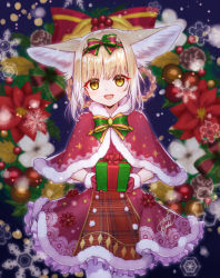 Rule 34 | 1girl, :d, animal ear fluff, animal ears, arknights, blonde hair, blurry, blurry background, box, braid, braided hair rings, brown eyes, capelet, christmas, christmas wreath, commentary request, depth of field, dress, fox ears, frilled dress, frills, fur-trimmed capelet, fur-trimmed dress, fur trim, gift, gift box, hair rings, holding, holding gift, looking at viewer, multicolored hair, open mouth, pantyhose, red capelet, red dress, santa costume, smile, solo, suzuran (arknights), tokifuji kougetsu, twin braids, two-tone hair, white hair, white pantyhose, wreath