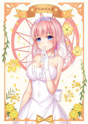 Rule 34 | 1girl, absurdres, bare shoulders, blue eyes, blush, border, breasts, bridal veil, character name, cleavage, closed mouth, collarbone, commentary, covered navel, cowboy shot, dress, elbow gloves, finger to mouth, flower, flower necklace, gloves, go-toubun no hanayome, hair between eyes, highres, index finger raised, jewelry, kensei (ciid), large breasts, looking at viewer, nakano ichika, necklace, pink hair, short hair, sidelocks, smile, solo, standing, strapless, strapless dress, tiara, veil, wedding dress, white background, white dress, white gloves