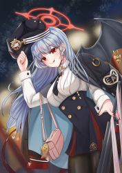 Rule 34 | 1girl, absurdres, bag, black hat, black jacket, black necktie, blue archive, blue hair, braid, breasts, closed mouth, demon wings, halo, haruna (blue archive), hat, highres, holding, holding clothes, holding hat, jacket, long hair, long sleeves, looking at viewer, nail polish, necktie, owo24, pantyhose, red eyes, red nails, shirt, shoulder bag, smile, solo, tongue, tongue out, white shirt, wings