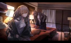 Rule 34 | 2girls, bag, bed, black border, black jacket, blush, border, breasts, brown hair, cellphone, crossed bangs, curtains, girls&#039; frontline, highres, holding, holding bag, hotel room, indoors, jacket, lamp, long hair, long sleeves, looking at viewer, medium breasts, miyabino (miyabi1616), multiple girls, night, open clothes, open jacket, parted lips, phone, pillow, ponytail, red eyes, scar, scar across eye, scar on face, shirt, side ponytail, smartphone, stool, table, twintails, ump45 (girls&#039; frontline), ump9 (girls&#039; frontline), window, yellow eyes
