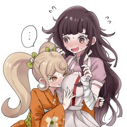 Rule 34 | ..., 2girls, apron, bandaged arm, bandages, black hair, blush, bow, breast envy, brown eyes, cat hair ornament, clenched teeth, danganronpa (series), danganronpa 2: goodbye despair, drooling, floral print, flying sweatdrops, gorila chan, green bow, grey apron, hair bow, hair ornament, japanese clothes, kimono, long hair, looking at another, multiple girls, open mouth, orange kimono, pink shirt, puffy short sleeves, puffy sleeves, red eyes, saionji hiyoko, shirt, short sleeves, spoken ellipsis, sweat, teeth, tsumiki mikan, twintails, upper body