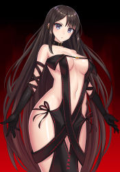 1girl black_dress black_gloves blush breasts brown_hair closed_mouth dress ear_piercing elbow_gloves fate/grand_order fate_(series) female_focus gloves grey_eyes groin hair_between_eyes head_tilt long_hair looking_at_viewer mahou_kyuuri medium_breasts navel piercing revealing_clothes ribbon-trimmed_dress ribbon_trim solo strapless strapless_dress v-shaped_eyebrows very_long_hair yu_mei-ren_(fate) yu_mei-ren_(second_ascension)_(fate)