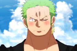 Rule 34 | 1boy, blush, constricted pupils, frown, green hair, long sideburns, male focus, official style, one piece, portrait, roronoa zoro, scar, scar across eye, short hair, sideburns, solo, straight-on, udon oneday, veiny neck