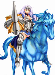 Rule 34 | 1girl, absurdres, annelotte, armor, armored dress, blue eyes, boots, breasts, cape, choker, cleavage, contrapposto, eiwa, forehead protector, full body, gauntlets, greaves, highres, horse, large breasts, legs, long hair, purple hair, queen&#039;s blade, queen&#039;s blade lost worlds, queen&#039;s blade rebellion, skirt, solo, weapon