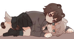 Rule 34 | 2girls, animal ears, ankle boots, arms up, black footwear, black legwear, black skirt, blue eyes, boots, bright pupils, brown eyes, brown hair, closed mouth, dog ears, dog tail, dress shirt, frown, fud, girls und panzer, gloom (expression), grey shirt, hug, hug from behind, itsumi erika, kuromorimine school uniform, light frown, long hair, long sleeves, lying, miniskirt, multiple girls, nishizumi maho, on person, on stomach, parted bangs, pleated skirt, school uniform, shirt, short hair, silver hair, skirt, socks, straddling, tail, tail wrap, white pupils, yuri