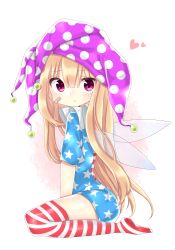 Rule 34 | 1girl, absurdres, american flag dress, american flag legwear, arched back, bad id, bad pixiv id, bandaid, bandaid on face, blonde hair, blush, cheunes, clownpiece, dress, fairy wings, from side, full body, hat, heart, highres, jester cap, long hair, looking at viewer, pout, pouty lips, shiny clothes, short dress, simple background, sitting, solo, striped clothes, striped thighhighs, tearing, thighhighs, thighs, touhou, very long hair, wariza, white background, wings, zettai ryouiki