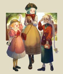 Rule 34 | 3girls, arm up, bag, beret, blonde hair, blue hair, bobby socks, bolo tie, bow, braid, bubble tea, cardigan, closed eyes, closed mouth, collared dress, commentary, dark-skinned female, dark skin, dress, drink, full body, gtcockroach, hair bow, hairband, hat, highres, holding, holding drink, holding wallet, loafers, long hair, long sleeves, mary janes, multiple girls, open mouth, original, pantyhose, shoes, short hair, short sleeves, shoulder bag, smile, socks, thick eyebrows, twin braids, very long hair, wallet, white hair, yellow eyes