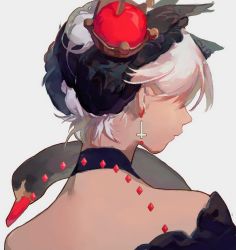 Rule 34 | 1girl, animal, bare shoulders, bird, black ribbon, black swan, choker, commentary request, cross, cross earrings, crown, crystal, earrings, from behind, hair ribbon, highres, inverted cross, japanese clothes, jewelry, kimono, mini crown, off shoulder, portrait, profile, redum4, ribbon, simple background, solo, swan, updo, white background, white hair, wing hair ornament