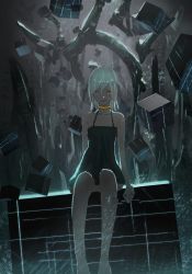 Rule 34 | 1girl, bad id, bad twitter id, bare legs, barefoot, black camisole, camisole, choker, commentary request, grey hair, halterneck, highres, looking at viewer, original, parted lips, reido (reido c), ruins, short hair, sitting, smile, solo, yellow choker, yellow eyes