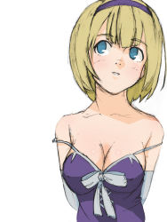 Rule 34 | 00s, 1girl, blonde hair, blue eyes, breasts, cleavage, dress, face, gundam, gundam 00, hairband, large breasts, louise halevy, pu-chin, pu ^ chin, sketch, solo, strap slip