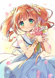 Rule 34 | 1girl, birthday, blue dress, blush, bouquet, closed mouth, commentary request, dress, drill hair, flower, green eyes, idolmaster, idolmaster (classic), looking at viewer, medium hair, orange hair, petals, smile, solo, suimya, takatsuki yayoi, thighs, twin drills, twintails