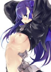 Rule 34 | 1girl, arched back, arms behind head, arms up, blue bow, blue eyes, blush, bow, breasts, breasts out, commentary request, dark nipples, fate/grand order, fate (series), from side, hair bow, hands in opposite sleeves, kztk, long hair, long sleeves, looking at viewer, looking to the side, medium breasts, meltryllis (fate), navel, nipples, open mouth, purple hair, revealing clothes, simple background, solo, stomach, tongue, tongue out, upper body, very long hair, white background