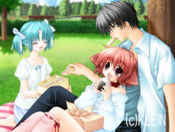 Rule 34 | 1boy, 2girls, :d, ^ ^, against tree, animal ears, aqua hair, asymmetrical clothes, bare shoulders, barefoot, bench, bento, biting, black hair, blanket, blouse, blush, bow, brother and sister, child, closed eyes, collar, day, dog ears, eating, fang, feet, flat chest, food, game cg, goshujinsama, grass, hair bow, hair ribbon, hinata (pure pure), klein (sao), kneehighs, miwa yuuki, mouth hold, multiple girls, no pants, on ground, onigiri, open clothes, open mouth, open shirt, outdoors, picnic, pink eyes, pink hair, pink thighhighs, pure pure, reclining, ribbon, sakurazawa izumi, sandwich, seiza, shirt, short hair, short twintails, siblings, single kneehigh, single sock, single thighhigh, sitting, sitting on lap, sitting on person, skirt, smile, socks, striped, sweater, thighhighs, tongue, tree, twintails, watermark, yuuki jun, yuuki miwa