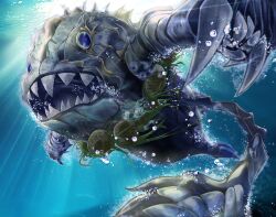Rule 34 | 1girl, absurdres, animal, animal focus, bubble, claws, coelacanth, commission, commissioner upload, dress, duel monster, fish, from below, gameplay mechanics, gtbowl, highres, icejade tremora, looking at viewer, oversized animal, pale skin, pixiv commission, sharp teeth, superancient deepsea king coelacanth, swimming, teeth, underwater, white dress, white hair, yu-gi-oh!