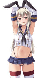 Rule 34 | 1girl, armpits, arms up, black hairband, black neckerchief, black panties, blonde hair, blush, breasts, cowboy shot, crop top, elbow gloves, gloves, grey eyes, hairband, highleg, highleg panties, highres, kantai collection, kuroame (kurinohana), long hair, looking at viewer, microskirt, navel, neckerchief, panties, sailor collar, shimakaze (kancolle), shirt, simple background, skirt, sleeveless, sleeveless shirt, small breasts, solo, striped clothes, striped thighhighs, thighhighs, underwear, white background, white gloves