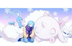 Rule 34 | 1boy, altaria, blue footwear, blue hair, blue mittens, blue scarf, boots, cetoddle, closed eyes, commentary request, creatures (company), cubchoo, eyelashes, frosmoth, game freak, gen 3 pokemon, gen 5 pokemon, gen 8 pokemon, grusha (pokemon), highres, jacket, kashima momoki, long sleeves, male focus, mittens, nintendo, own hands together, pants, poke ball print, pokemon, pokemon (creature), pokemon sv, scarf, snowflakes, striped clothes, striped scarf, yellow jacket