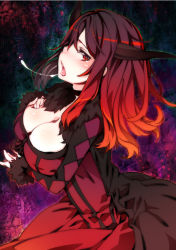 Rule 34 | 10s, 1girl, blush, breasts, choker, cleavage, demon girl, dress, fur trim, horns, large breasts, long hair, looking at viewer, maou (maoyuu), maoyuu maou yuusha, open mouth, red eyes, red hair, sexually suggestive, solo, suggestive fluid, super zombie, tongue