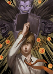 Rule 34 | 2boys, blank eyes, book, brown eyes, brown hair, colored skin, death note, dress shirt, evil grin, evil smile, expressionless, grin, holding, holding book, looking at viewer, male focus, multiple boys, necktie, painterly, purple skin, realistic, ryuk, shirt, smile, third-party edit, upper body, wind, xiongmaotao, yagami light