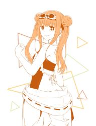 Rule 34 | 1girl, ayakashi triangle, bare shoulders, blush, butt crack, commentary request, double bun, goggles, goggles on head, hair bun, happy, headgear, korogi reo, long hair, looking at viewer, nidonej 613, sketch, smile, solo, standing, twintails